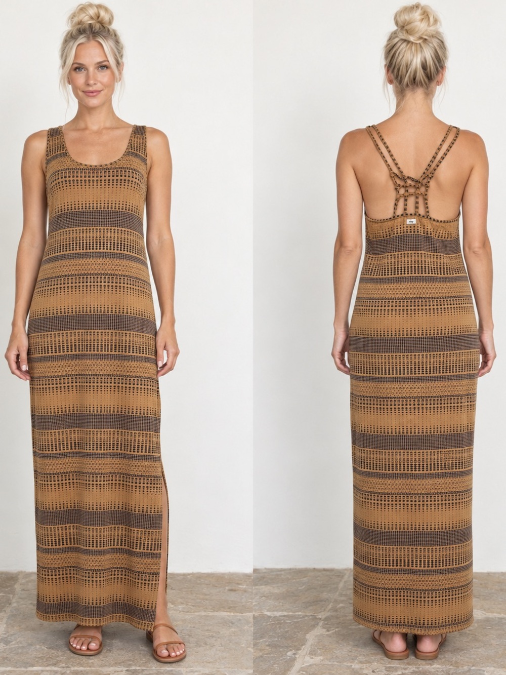 OBEY Geometric Print Maxi Dress Strappy Knotted Back Scoop Neck Side Slit